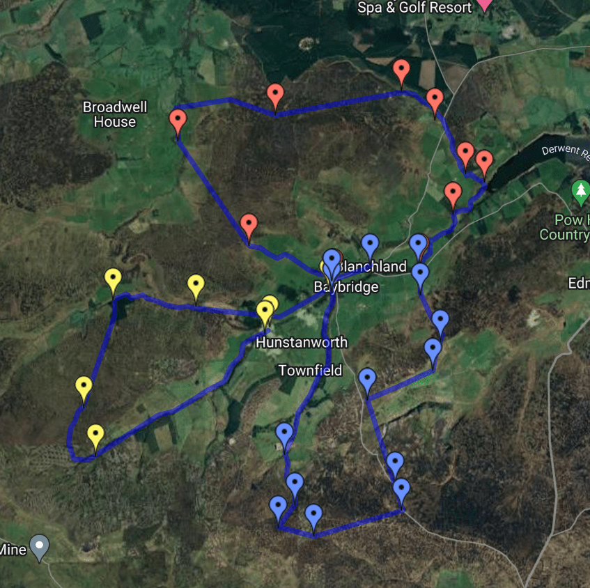 An aerial map shows the local Blanchland area, with the route of the Bounder Roll shown in blue